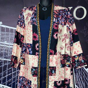 Floral Print Geo Trim Open Front Coat